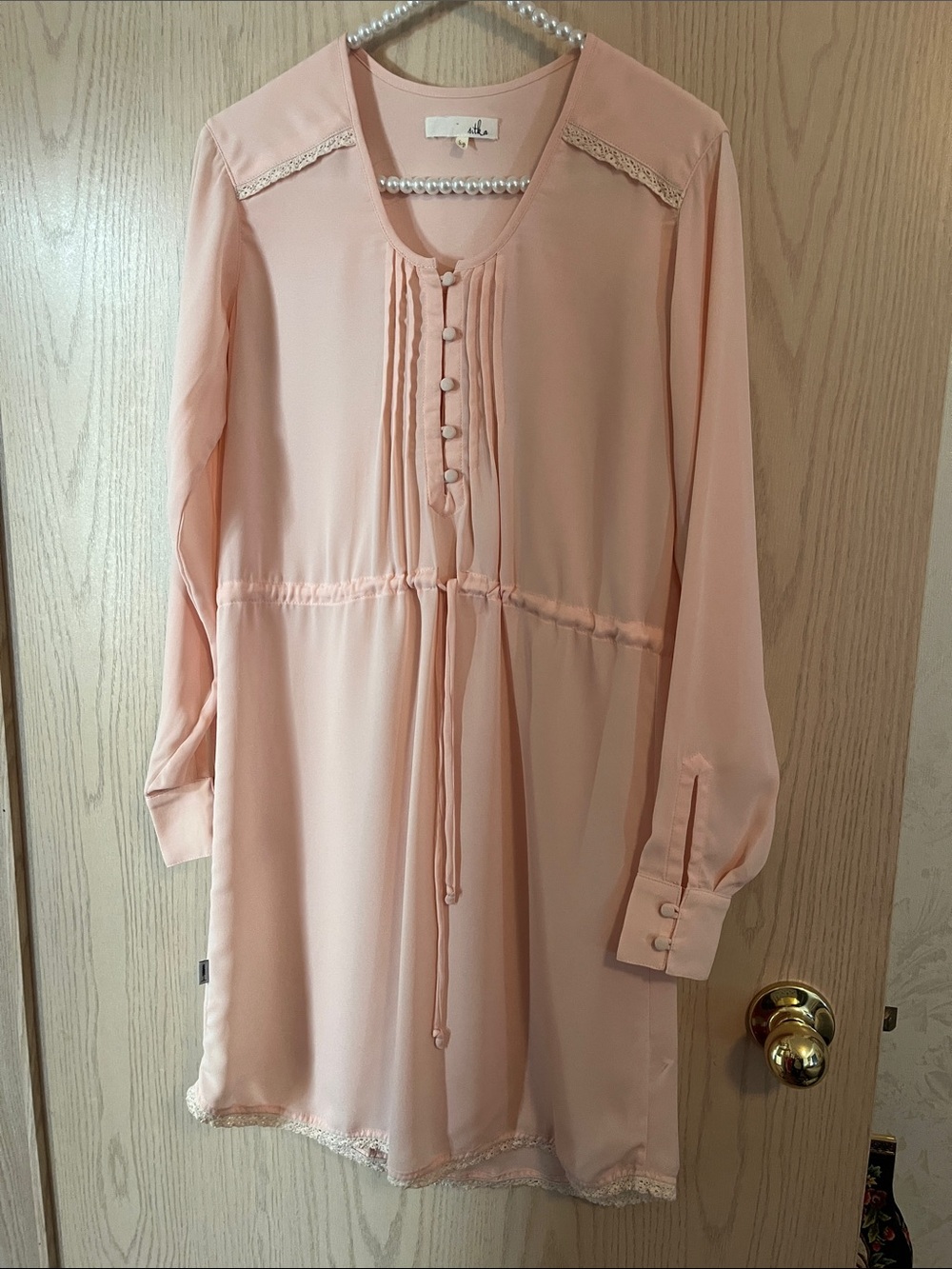 Women's Midi Dress - Blush Pink Long Sleeve with Lace Trim